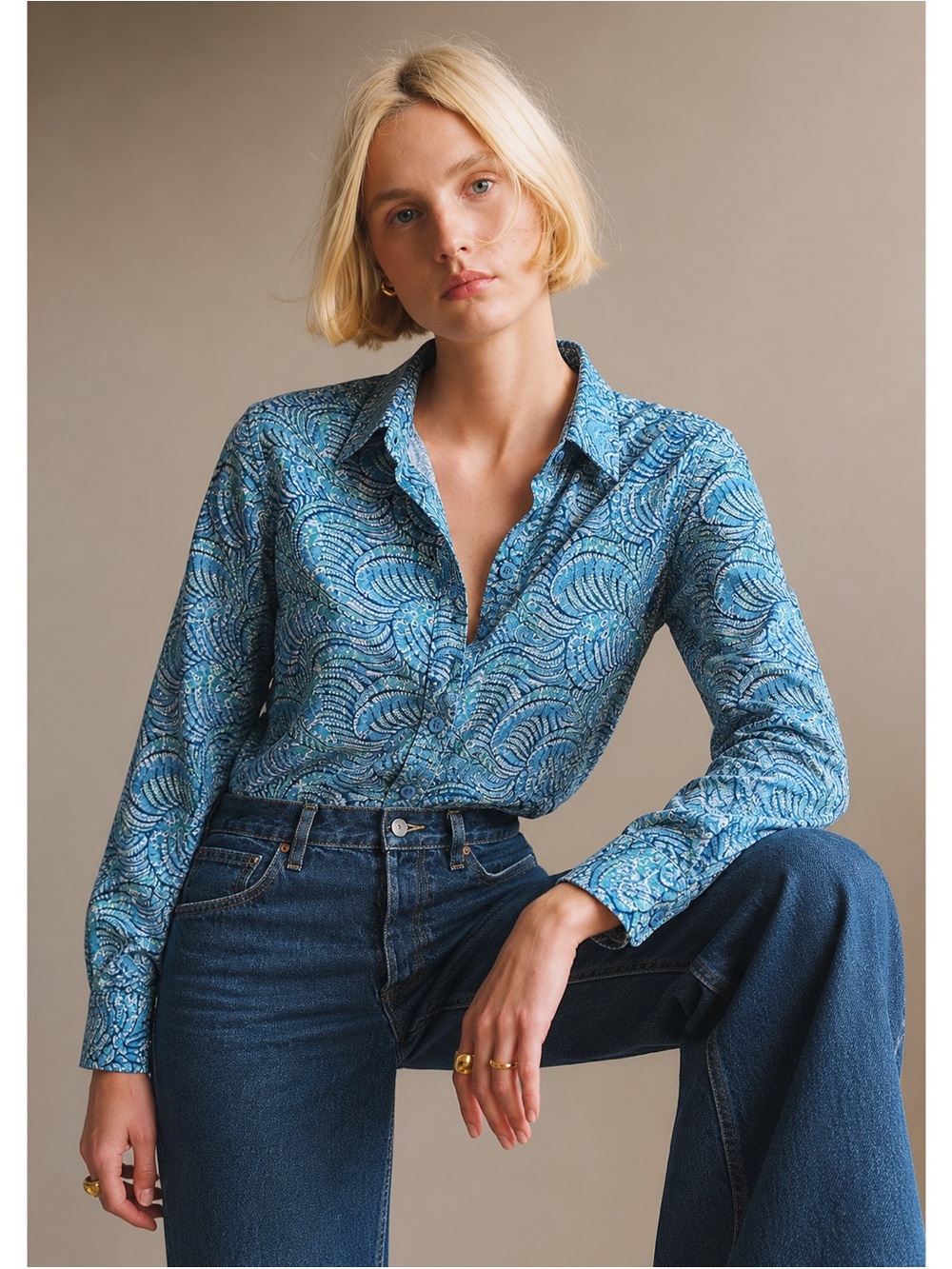 Liberty Art Fabrics Woman Blue Paisley Cotton Button Down Shirt SMALL Classic